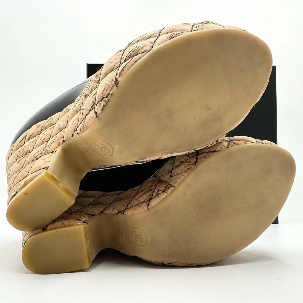 Chanel Black Patent Leather Quilted Cork Platform Peep Toe Heels